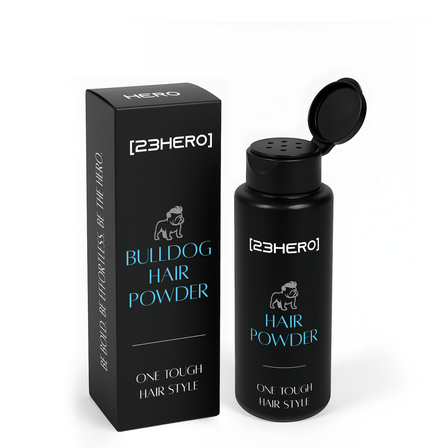 Black mens hair styling product bottle and packaging with '23Hero' branding on a white background