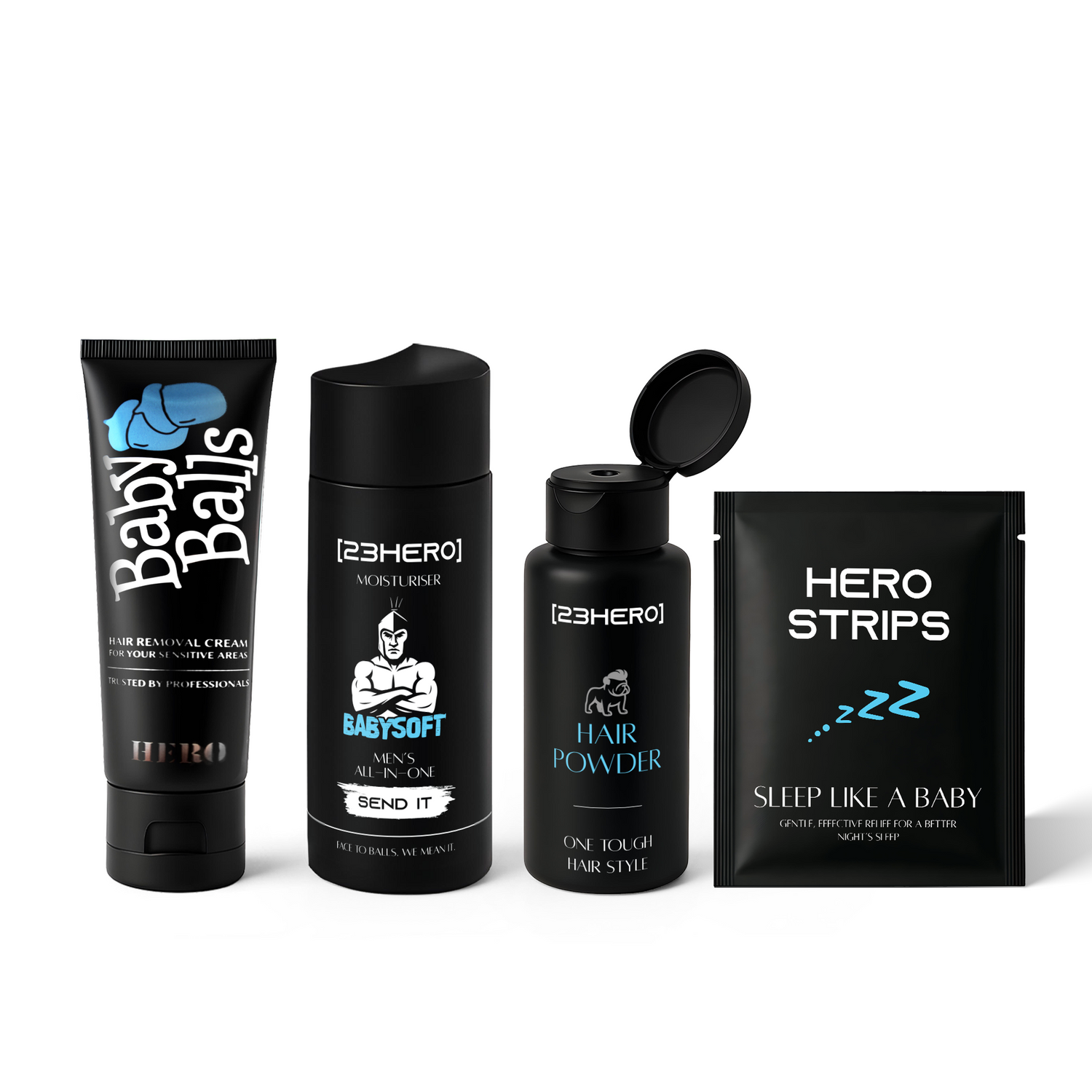 hair removal cream, all in 1 moisturiser, hair powder and nasal strips.