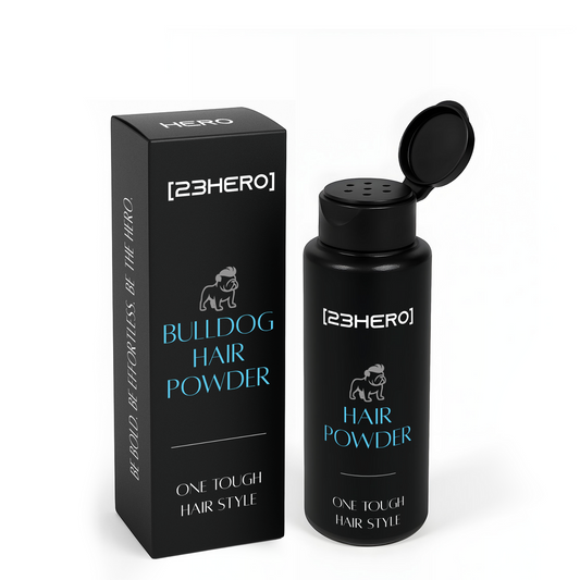 Black mens hair styling product bottle and packaging with '23Hero' branding on a white background